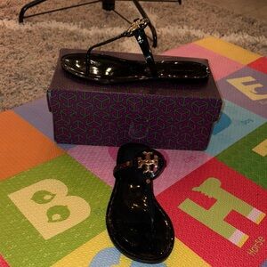 Tory Burch Black Patent Sandals with Gold Accent